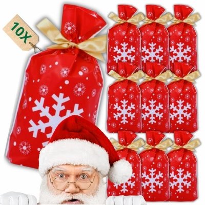 Woreczki świąteczne foliowe ze śnieżynkami XL 10 sztuk z wstążką