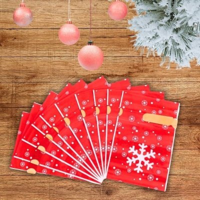 Woreczki świąteczne foliowe ze śnieżynkami XL 10 sztuk z wstążką