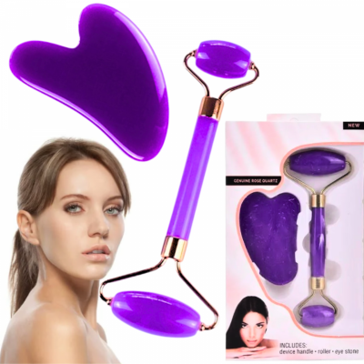 Roller do twarzy + płytka gua sha zestaw fioletowy