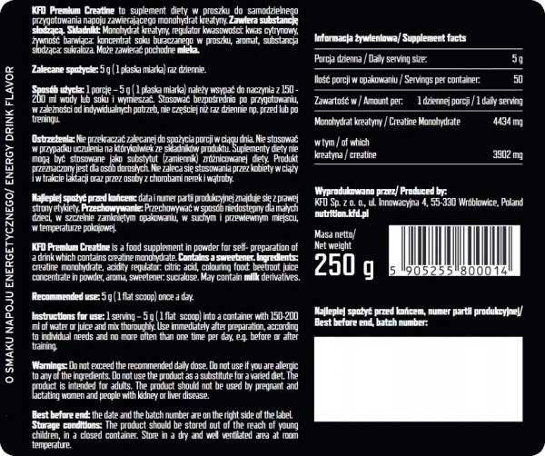  Informacja żywieniowa KFD Premium Creatine 250g Napój Energetyczny