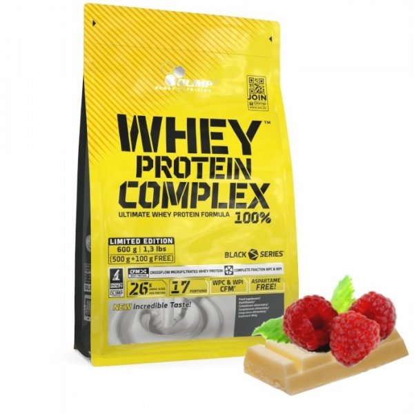  Białko Olimp Whey Protein Complex 100% 600g (500g+100g free)  Biała Czekolada z Maliną 