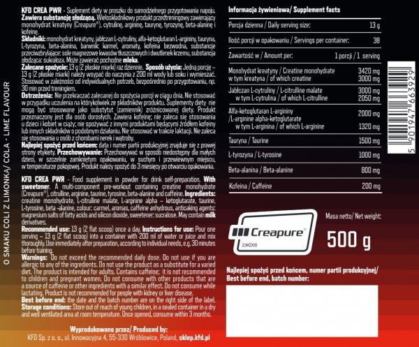 KFD CREA PWR 500g Cola z Limonką Informacja żywieniowa 
