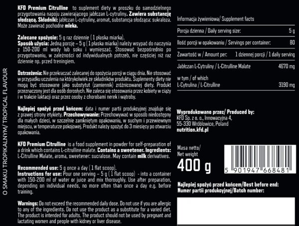 Przedtreningówka KFD Premium Citrulline 400g Tropikalna Informacja żywieniowa 