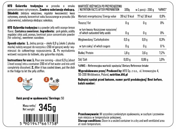 Galaretka Dietetyczna KFD 345g Pomarańczowo-Cytrynowa informacja żywieniowa
