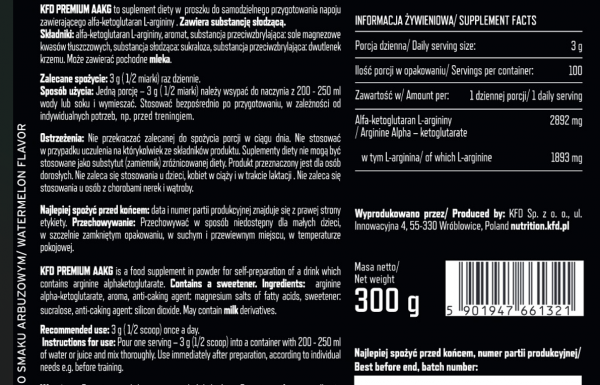 Informacja żywieniowa KFD Premium AAKG 300g Arbuz