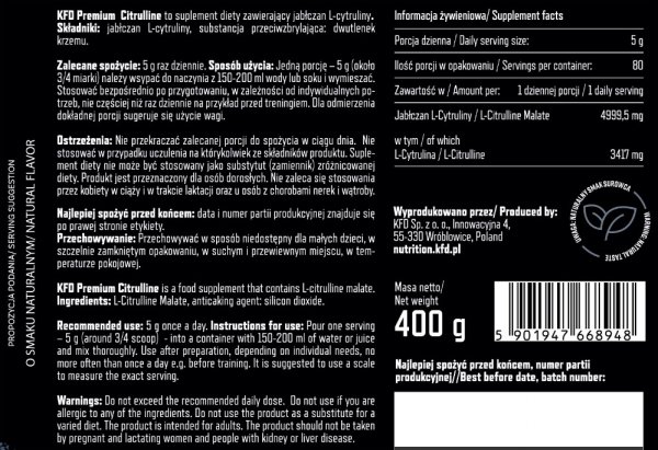 KFD Pure Citrulline Malate 400 g Informacja żywieniowa 