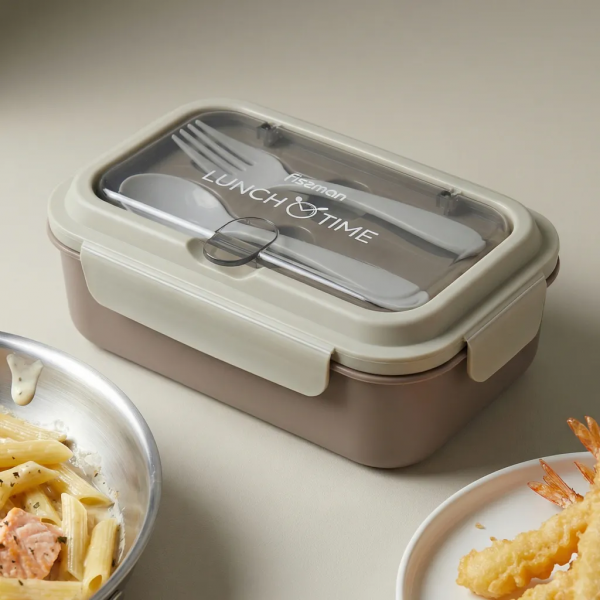 Lunch box Fissman 800 ml z 2 komorami i stalowym pojemnikiem ( beżowy )