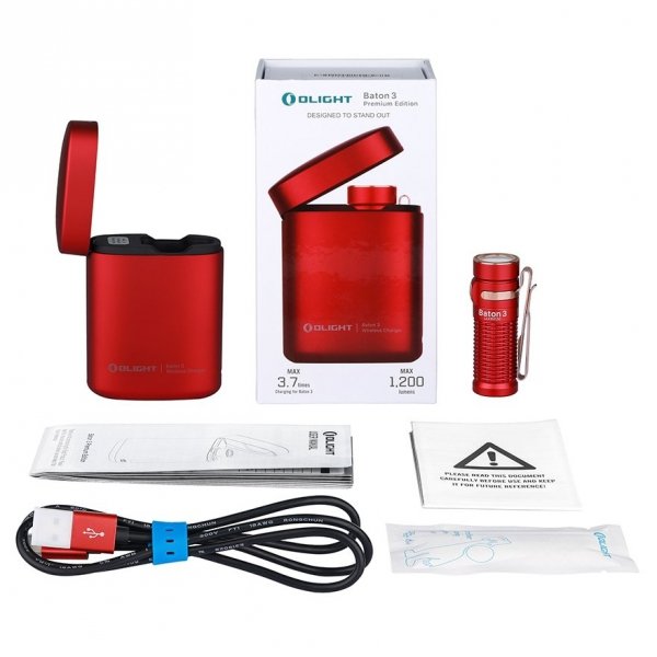 Latarka akumulatorowa Olight Baton 3 Premium Edition Red 1200 lumenów z bezprzewodowym etui ładującym