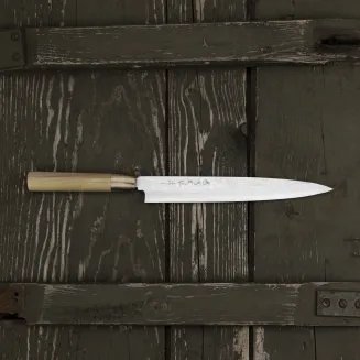 Hideo Kitaoka Aogami#2 Satin Damascus Nóż Yanagiba 24 cm