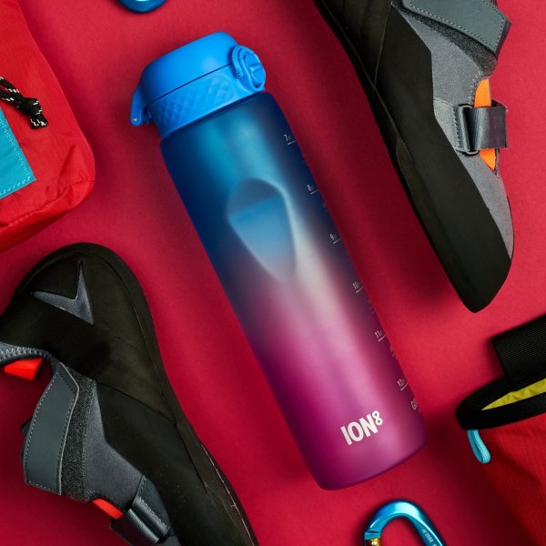Butelka bidon na wodę ION8 1000 ml Motivator z pomiarką czasową Gradient niebiesko-różowa  (nowa nakrętka)