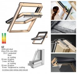 Okno Dachowe Velux GGL 3062 Uw = 0,92 Drewniane Okno obrotowe superenergooszczędne, szkło hartowane i laminowane P2A z pakietem świetnej redukcji hałasu