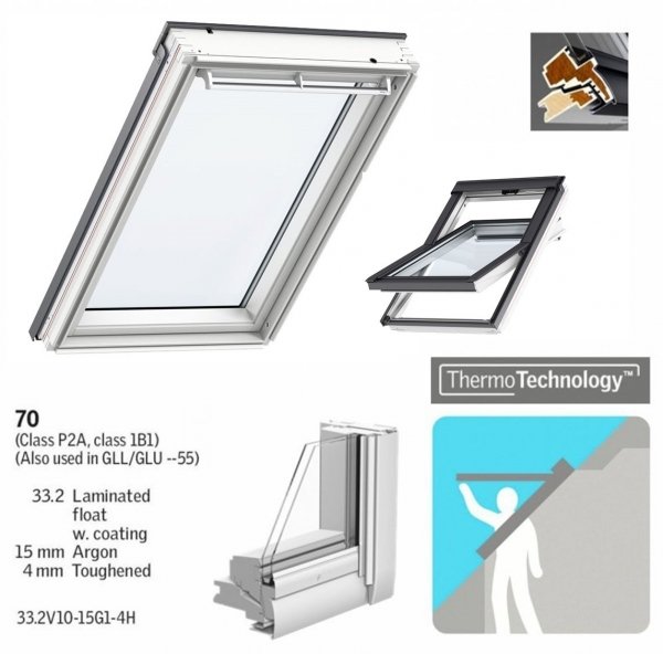 Okno Dachowe Velux GGU 0070 Uw = 1,3 Drewniano-poliuretanowe białe okno obrotowe z szybą energooszędną, hartowaną i laminowaną P2A