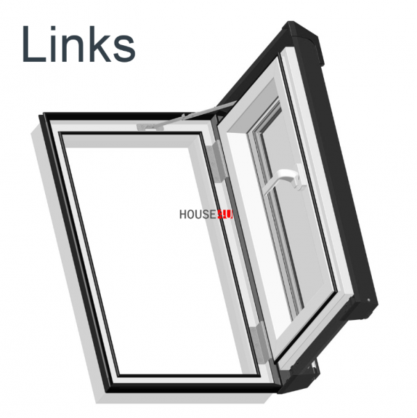 Okno dachowe Skyfens PVC Skylight Loft 45x73 wyłaz z tworzywa, profile w kolorze białym PVC standard Uw=1,4 W/m2K Wyłazy dachowe - wyjście dachowe - wyłaz dachowy - świetlik, 7043 8019 RAL, otwieranie: prawo/lewo