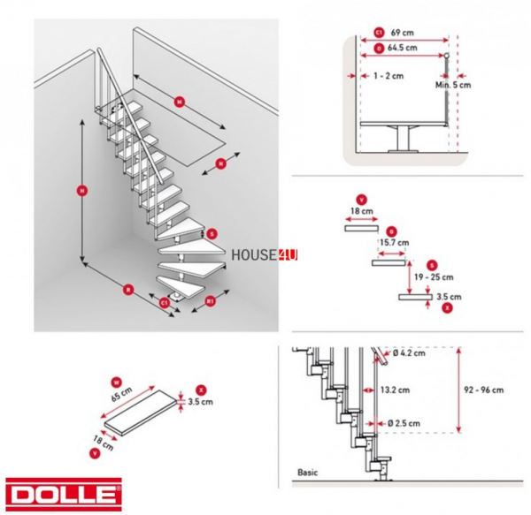 Schody szynowe centralne DOLLE DALLAS, RAL 9005 czarny, schody systemowe wraz z poręczą, spirala 1/4, stopnie 65cm, buk multipleks lakierowany 11 stopni, wysokość podłogi max 300 cm, maksymalne obciążenie 200kg