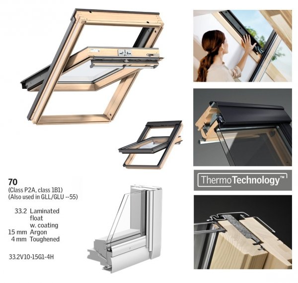 Okno Dachowe Velux GGL 3070 Uw = 1,3 Drewniane Okno obrotowe  z szybą energooszędną, hartowaną i laminowaną P2A