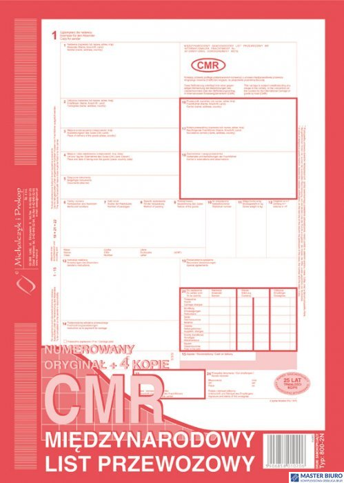 800-2N CMR A4 80kartek 1+4 numerowany międzynarodowy list przewozowy M&P