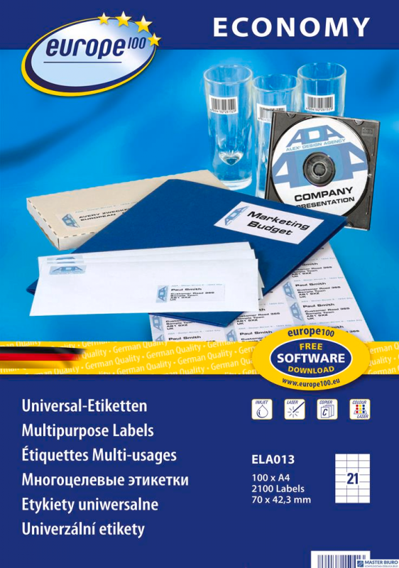 Etykiety uniwersalne ELA013 70 x 42,3 100ark Economy Europe100 by Avery Zweckform