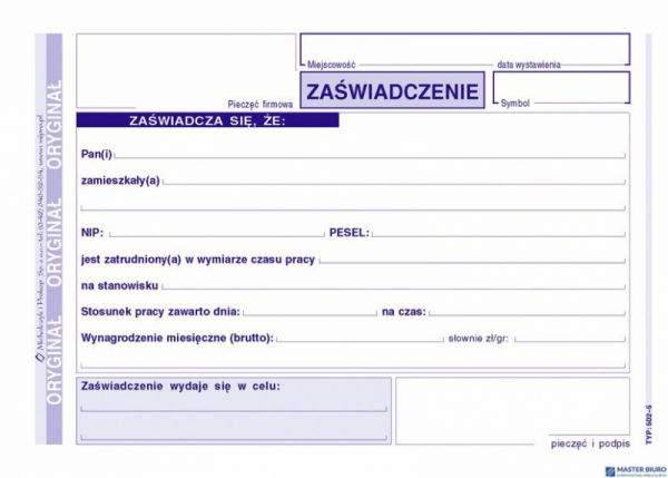 502-5 Zaświadczenie o zatrudnieniu MICHALCZYK&PROKOP A6 80 kartek