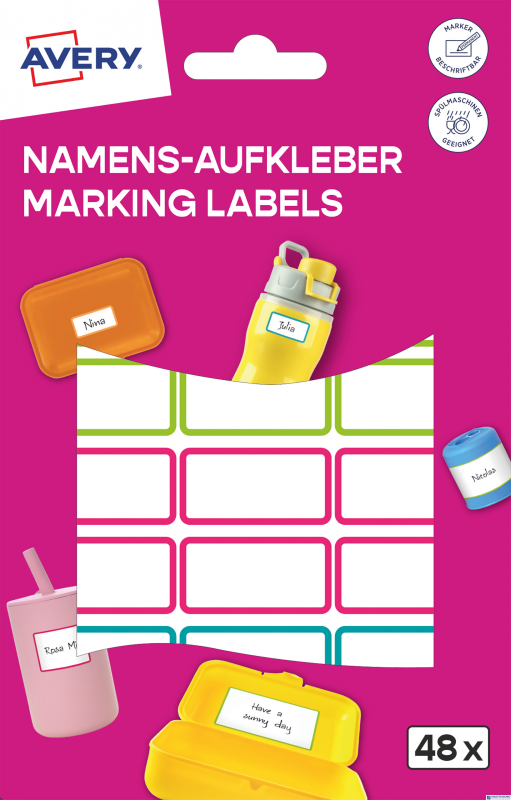 Naklejki do oznaczania; 15 x 32 mm, 48 naklejek, kolorowe ramki, AVERY NAME48C