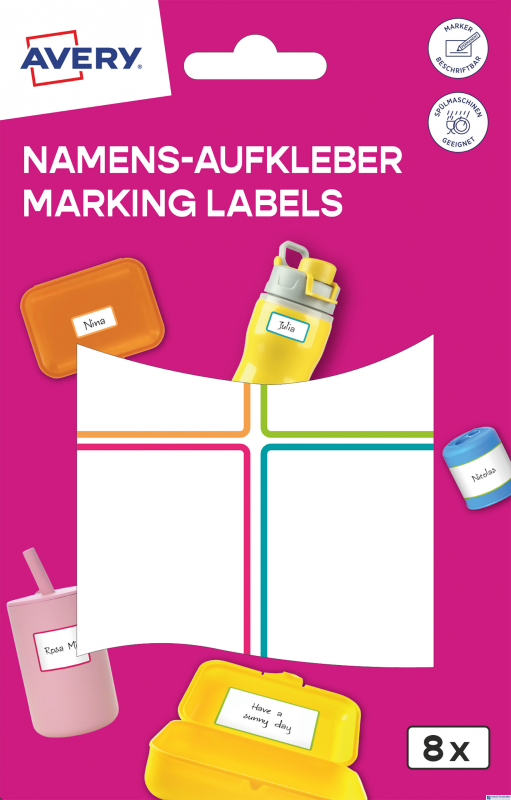 Naklejki do oznaczania; 48 x 70 mm, 8 naklejek, kolorowe ramki, AVERY NAME8C