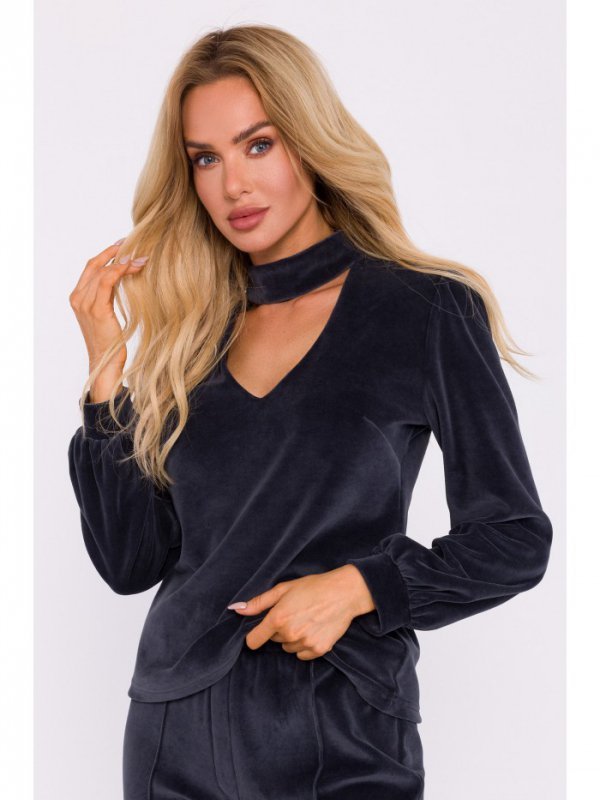 Moe M831 Welurowa bluzka z dekoltem typu halter neck - grafitowa