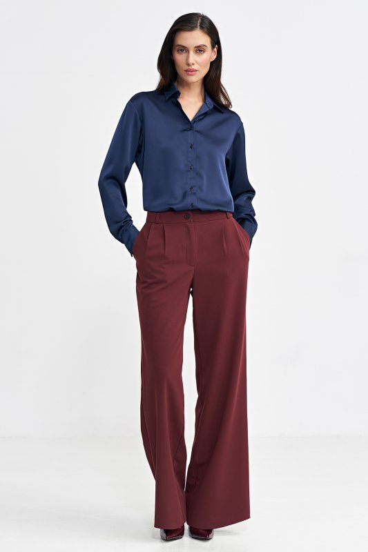 Nife Spodnie z zakładkami, wide leg - bordo - SD102