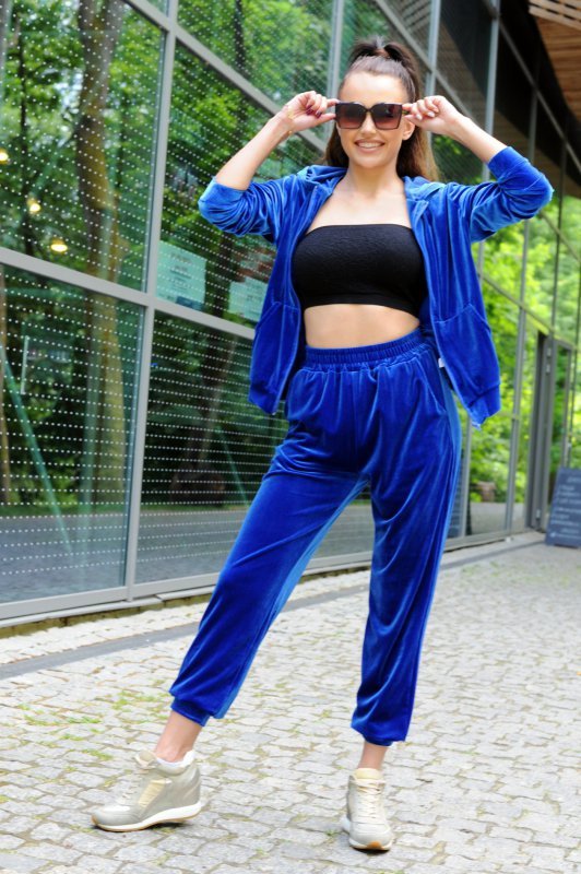 Klindey Blue/Niebieski welurowy komplet dresowy z rozpinaną bluzą Merribel rozmiar - L
