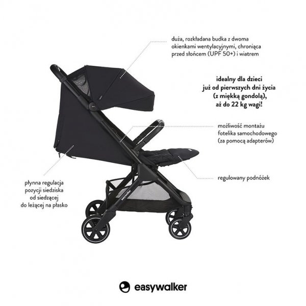 Easywalker Jackey Kompaktowy, samoskładający się wózek spacerowy z torbą transportową Shadow Blac