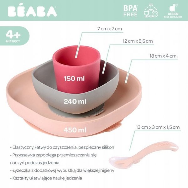Komplet naczyń z silikonu przyssawka Beaba pink