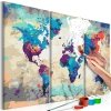 Obraz do samodzielnego malowania - Mapa świata (błękitno-czerwona) 3-częściowa