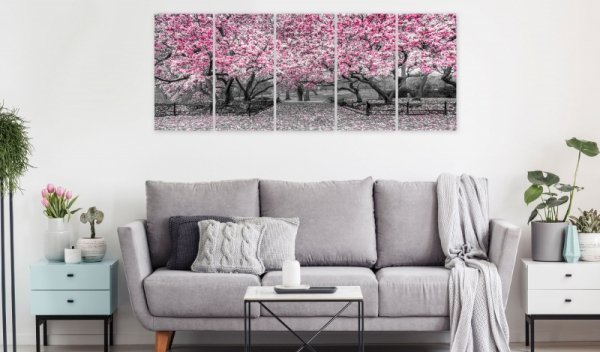 Obraz - Park magnolii (5-częściowy) wąski różowy