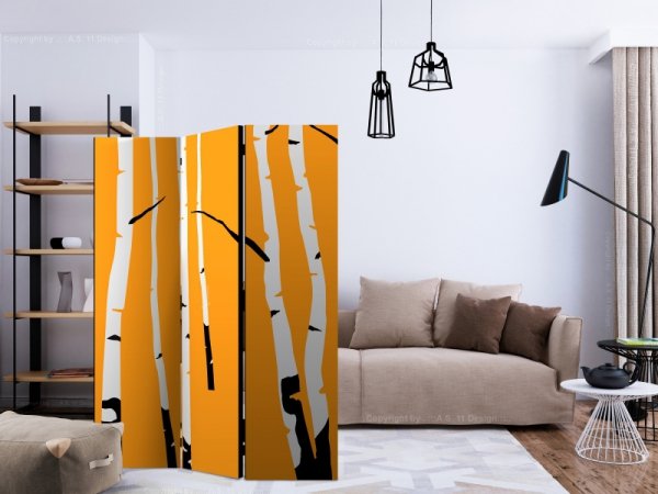 Parawan 3-częściowy - Birches on the orange background [Room Dividers]