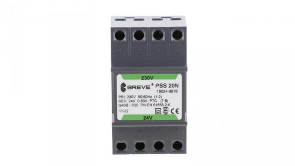 Transformator 1-fazowy modułowy bezpieczeństwa PSS 20N 230/ 24V 0,83A, na szynę DIN, IP20, Ta 40, 16024-9878