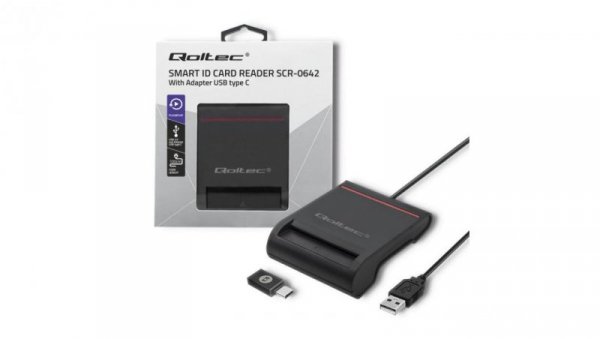 Qoltec Inteligentny czytnik chipowych kart ID SCR-0642 USB 2.0 + Adapter USB-C