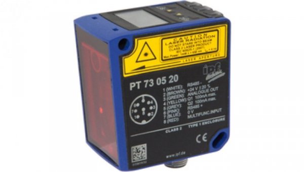 Czujnik laserowy odbiciowy 73x60x37mm Sn: 200-20000mm 24V DC PNP/NPN Push-pull 0-10V/4-20mA złącze M12 8pin IP67 PT730520