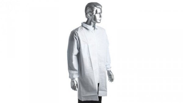 Fartuch laboratoryjny, Unisex, Biały, rozmiar: M, Pomieszczenia sterylne, Zamek błyskawiczny, Polipropylenowe,