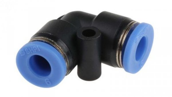Adapter gwintowany typu kolanko rura – rura, Wciskane 6 mm, Wciskane 6 mm, Żeńskie, Żeńskie, 10 barów