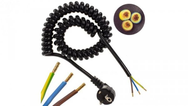 Przewód OMY spiralny H03VVH8-F z wtyczką 3x1 0,35m / 2,2m czarny
