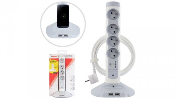 HELMO Przedłużacz biurkowy stojący 4xgniazda z/u 16A 230V + 2xUSB +1xmicroUSB przewód 2m 50014