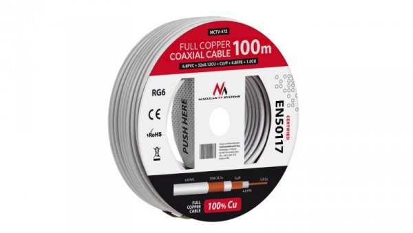 Kabel koncentryczny Maclean, Przewód antenowy satelitarny, RG61.02CU+4.8FPE+CU/P+32*0.12CU+6.8PVC, 100M, MCTV-472