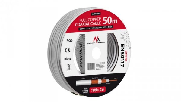 Kabel koncentryczny Maclean, Przewód antenowy satelitarny, RG6 1.02CU+4.8FPE+CU/P+32*0.12CU+6.8PVC, 50M, MCTV-471