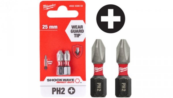 Bity udarowe do wkrętarki PH2 25mm 1/4 SHOCKWAVE 2szt MILWAUKEE