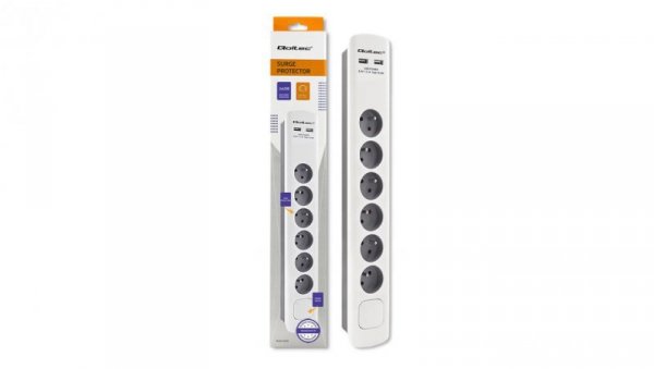 Qoltec Listwa zasilająca antyprzepięciowa 6 gniazd 2 x USB 1.8m Biało-szara