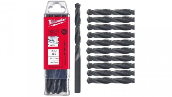 Wiertło do metalu HSS-R walcowane 8x75/117mm Zestaw 10szt MILWAUKEE