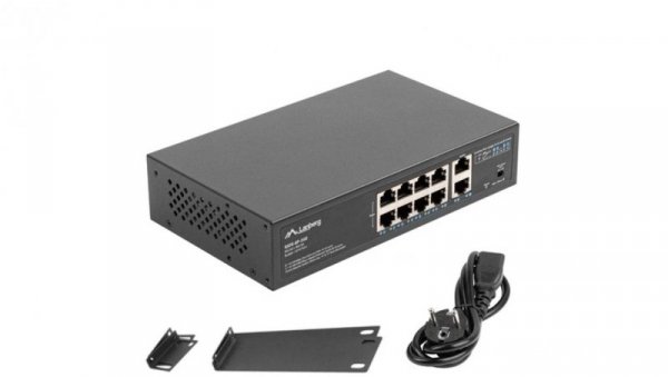 Switch RACK 10x port RJ45 (Fast Ethernet, w tym 8x PoE+ i 2x UpLink 1Gb/s) przełącznik niezarządzalny RSFE-8P-2GE-120