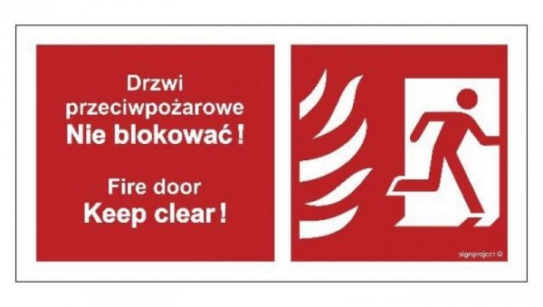 ZNAK - BC049 Drzwi przeciwpożarowe, Nie blokować ! Fire door, Keep clear ! prawostronne 20 x 10 cm KS - Folia podłogowa foto.