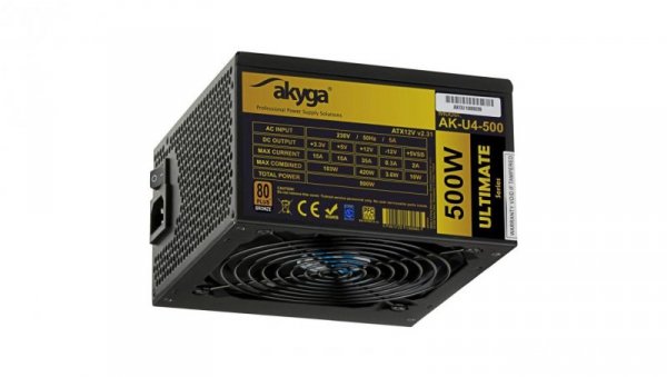 Zasilacz ATX 500W Akyga AK-U4-500 P4+4 PCI-E 6 pin 6+2 pin 6x SATA APFC 80+ Bronze FAN 12cm