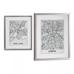 Obraz Londyn New York Srebro Drewno Szkło (43 x 3 x 53 cm)