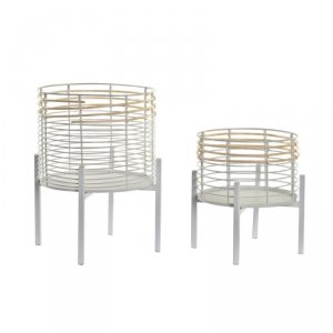 Zestaw garnków DKD Home Decor Biały Naturalny Metal Rattan Kwadratowy 25 x 25 x 32 cm (2 Sztuk)