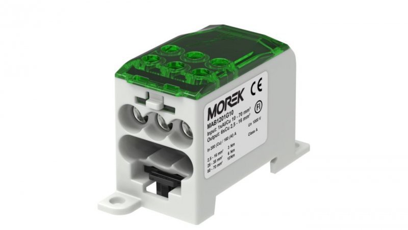Blok rozdzielczy CU 1-potencjałowy, 200 A (Cu) 160A (AL) / 70mm2/ TS 35/ wejście 1x10-70 wyjście: 6x2,5-16 mm2 zielony MAB12
